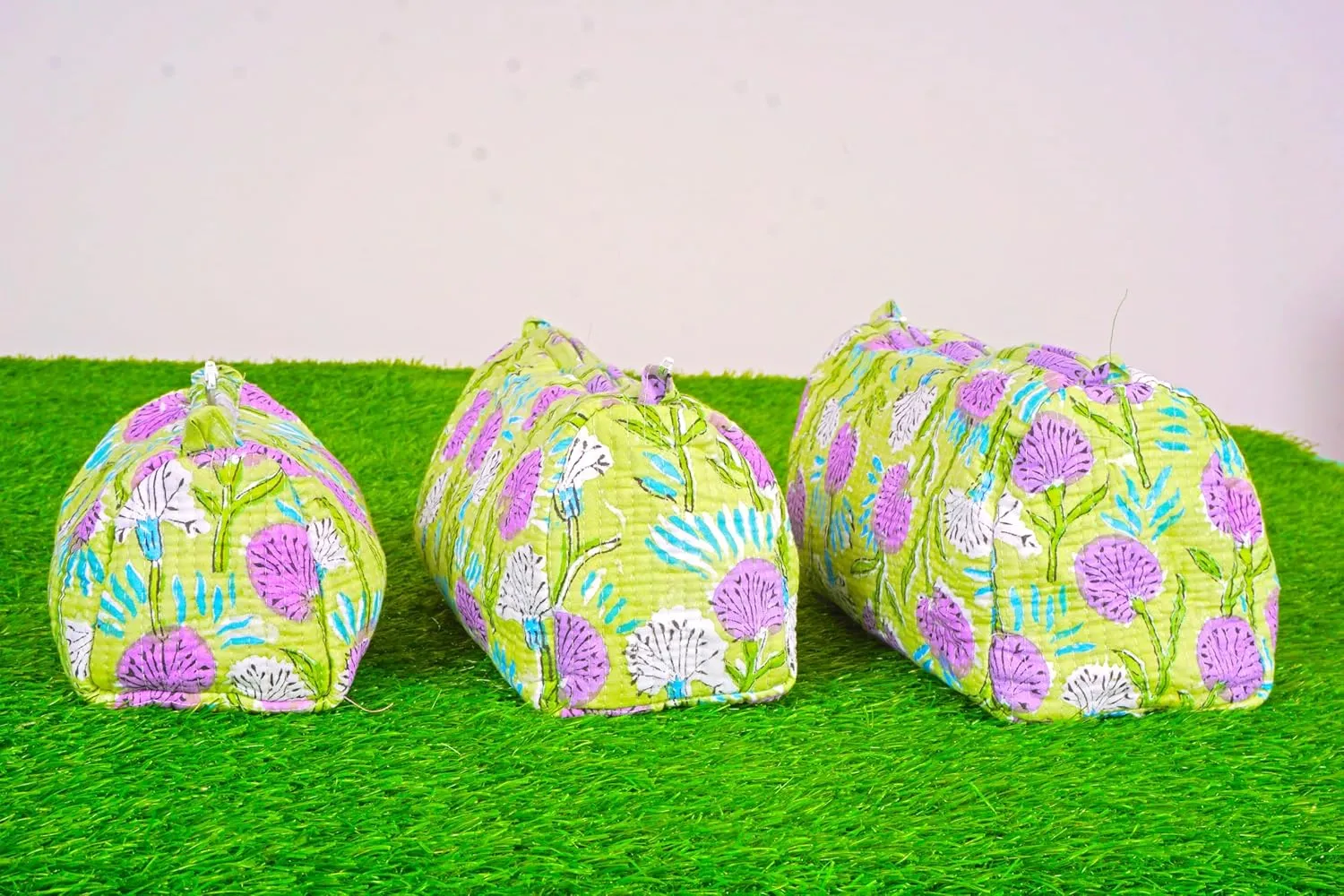 Set of 3 Pieces Indian Handmade Cotton Quilted Handmade Floral Hand Block Print Toiletry Bag,Cosmetic Pouch Bag Makeup Bag For Women (Cotton, Green), 44999