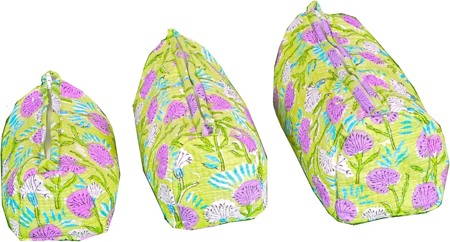 Set of 3 Pieces Indian Handmade Cotton Quilted Handmade Floral Hand Block Print Toiletry Bag,Cosmetic Pouch Bag Makeup Bag For Women (Cotton, Green), 44999