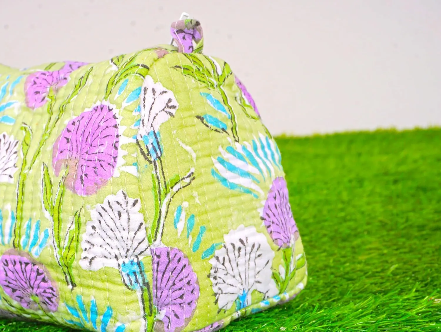 Set of 3 Pieces Indian Handmade Cotton Quilted Handmade Floral Hand Block Print Toiletry Bag,Cosmetic Pouch Bag Makeup Bag For Women (Cotton, Green), 44999