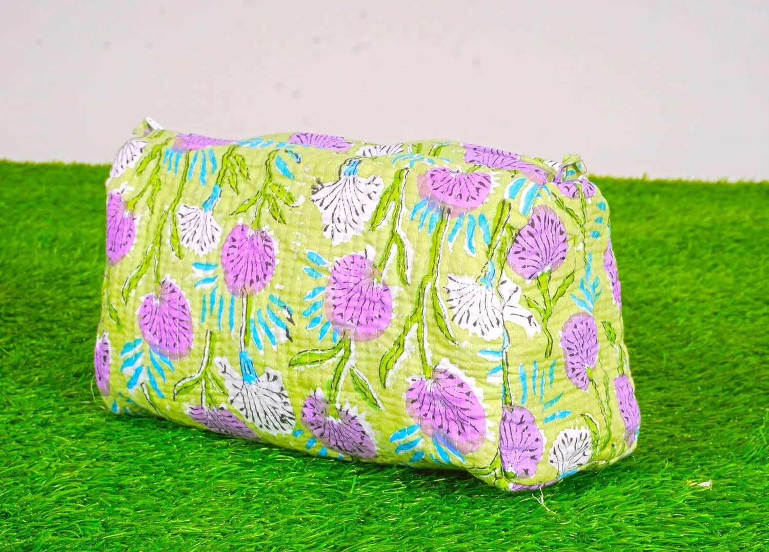 Set of 3 Pieces Indian Handmade Cotton Quilted Handmade Floral Hand Block Print Toiletry Bag,Cosmetic Pouch Bag Makeup Bag For Women (Cotton, Green), 44999