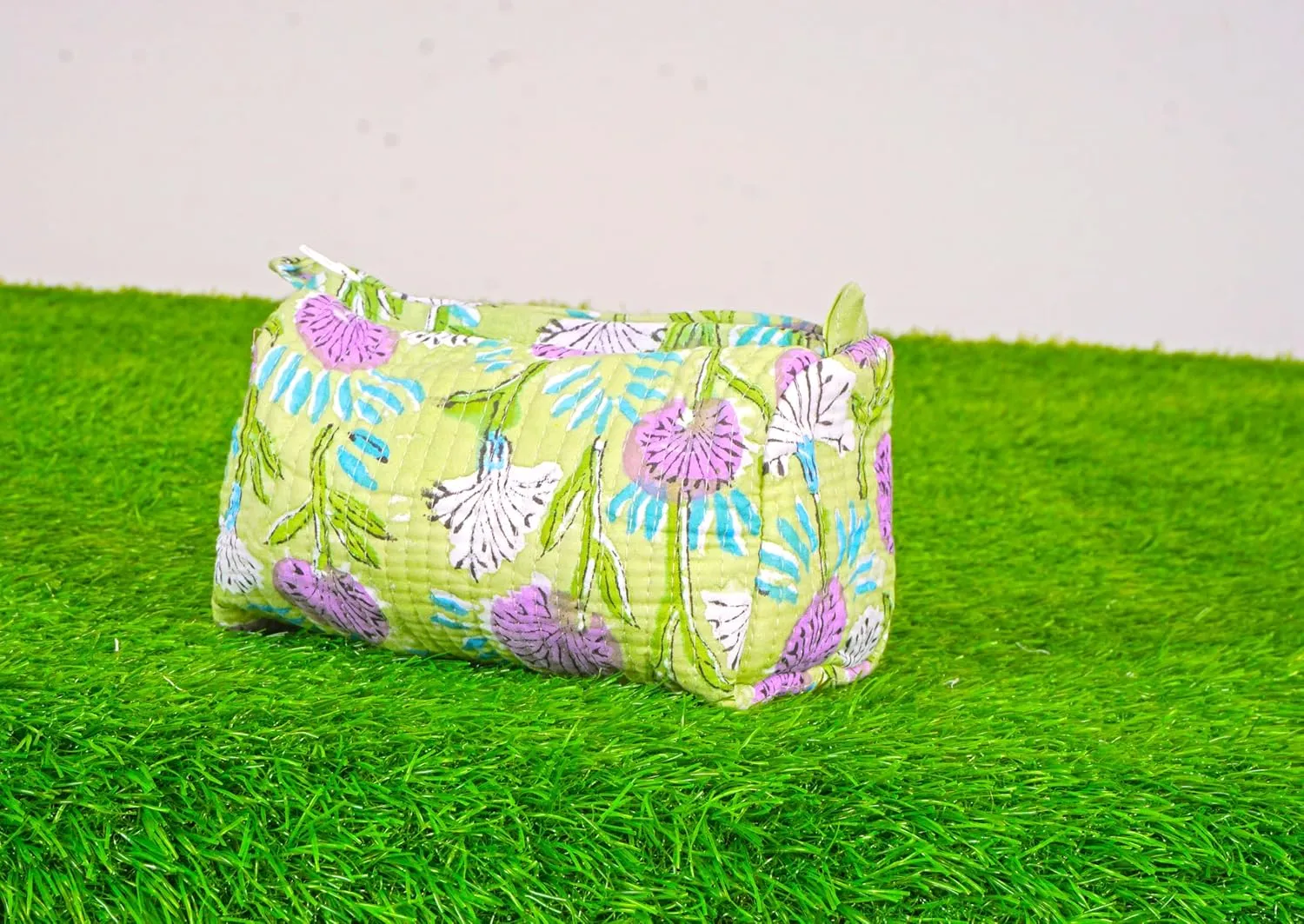 Set of 3 Pieces Indian Handmade Cotton Quilted Handmade Floral Hand Block Print Toiletry Bag,Cosmetic Pouch Bag Makeup Bag For Women (Cotton, Green), 44999