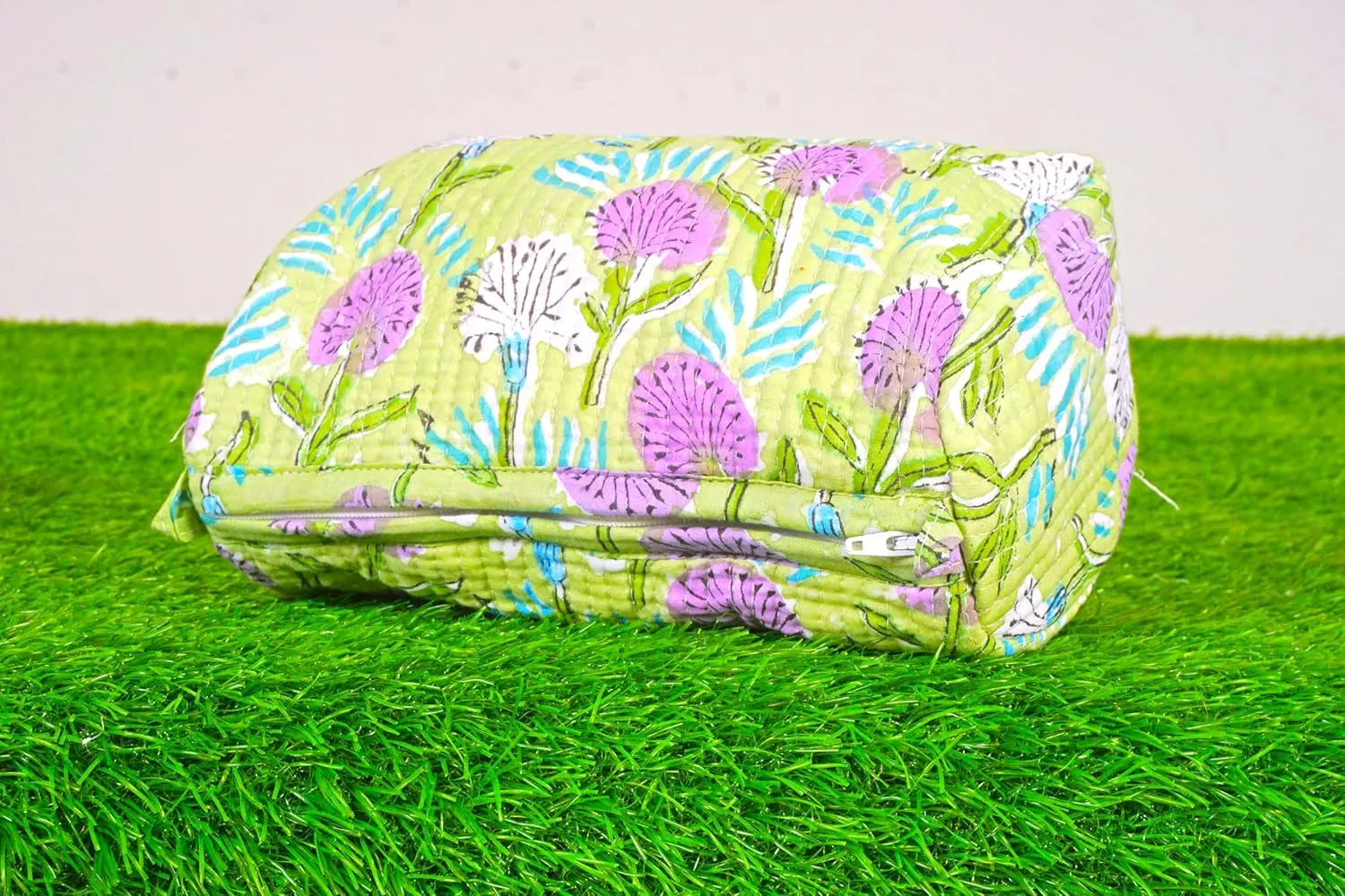 Set of 3 Pieces Indian Handmade Cotton Quilted Handmade Floral Hand Block Print Toiletry Bag,Cosmetic Pouch Bag Makeup Bag For Women (Cotton, Green), 44999