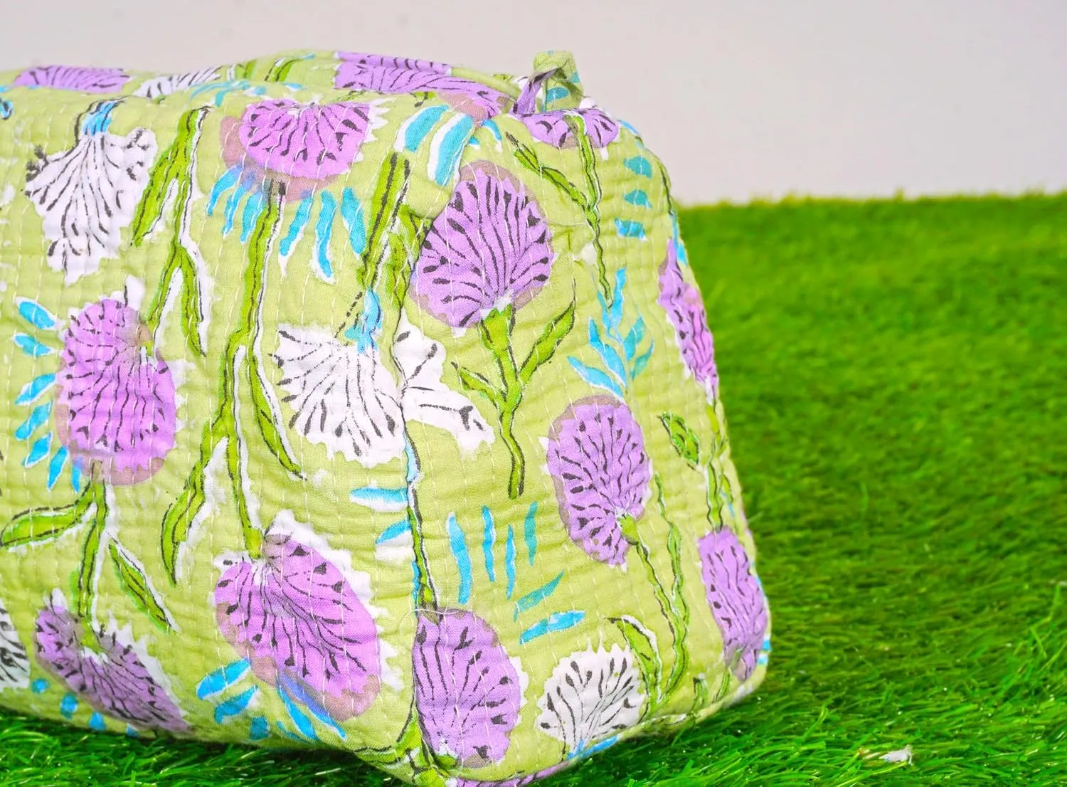 Set of 3 Pieces Indian Handmade Cotton Quilted Handmade Floral Hand Block Print Toiletry Bag,Cosmetic Pouch Bag Makeup Bag For Women (Cotton, Green), 44999