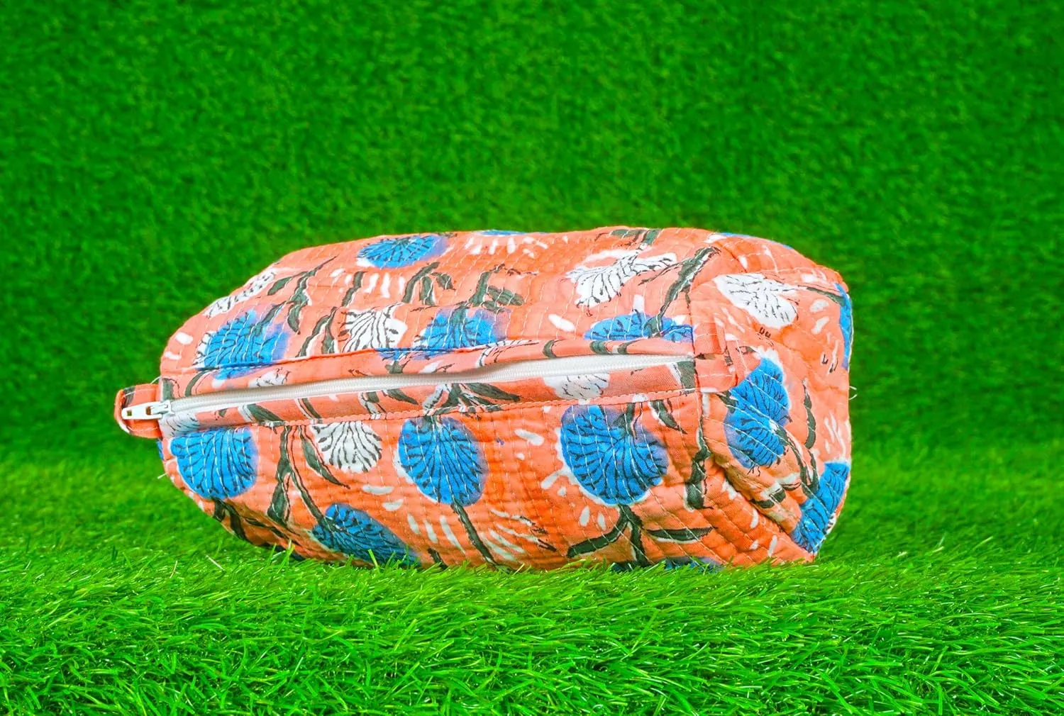 Set of 3 Pieces Indian Handmade Cotton Quilted Handmade Floral Hand Block Print Toiletry Bag,Cosmetic Pouch Bag Makeup Bag For Women (Cotton, Orange A)