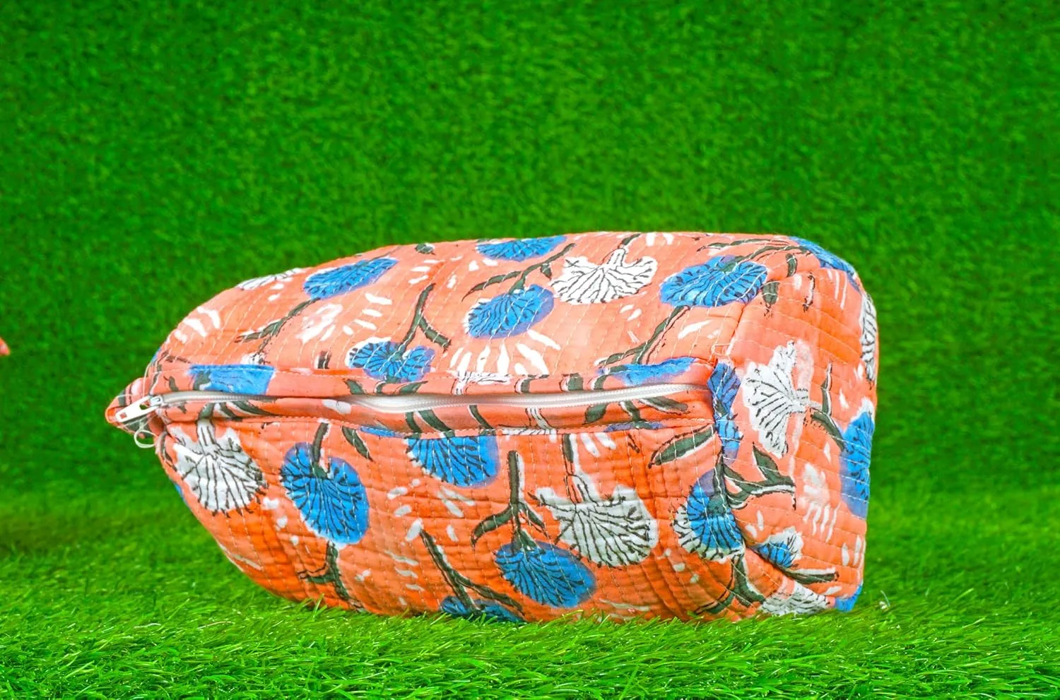 Set of 3 Pieces Indian Handmade Cotton Quilted Handmade Floral Hand Block Print Toiletry Bag,Cosmetic Pouch Bag Makeup Bag For Women (Cotton, Orange A)