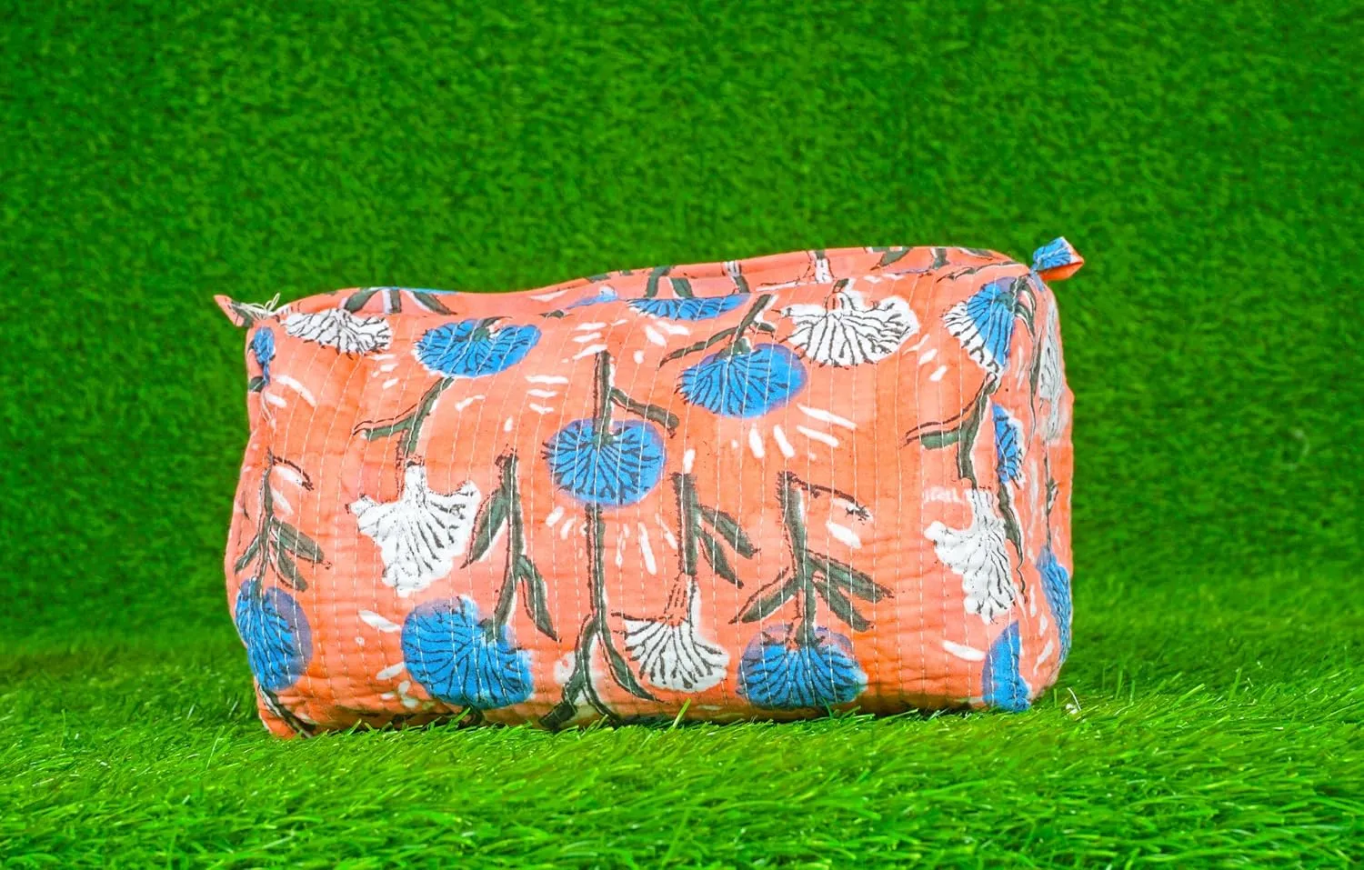 Set of 3 Pieces Indian Handmade Cotton Quilted Handmade Floral Hand Block Print Toiletry Bag,Cosmetic Pouch Bag Makeup Bag For Women (Cotton, Orange A)