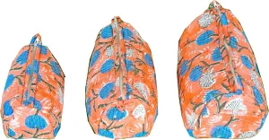 Set of 3 Pieces Indian Handmade Cotton Quilted Handmade Floral Hand Block Print Toiletry Bag,Cosmetic Pouch Bag Makeup Bag For Women (Cotton, Orange A)