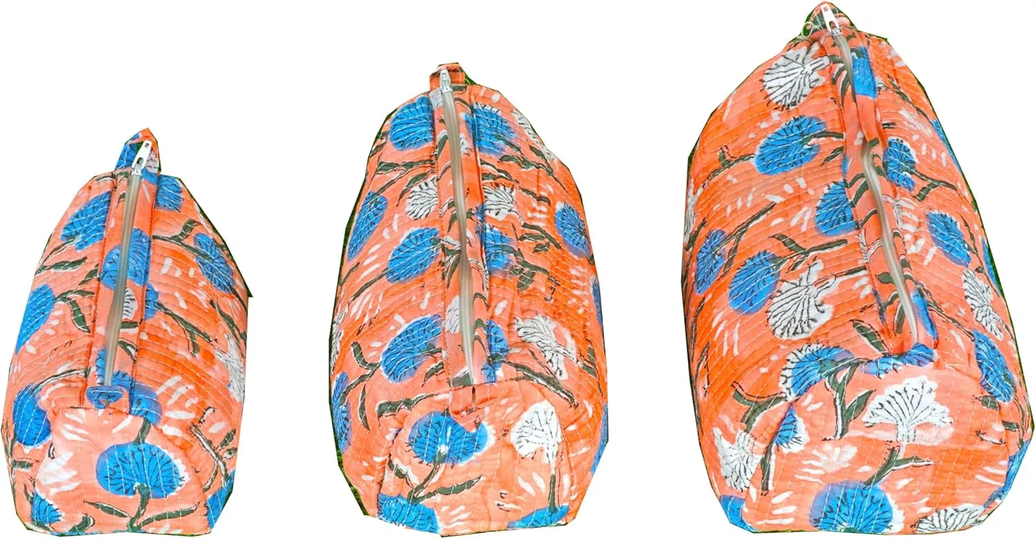 Set of 3 Pieces Indian Handmade Cotton Quilted Handmade Floral Hand Block Print Toiletry Bag,Cosmetic Pouch Bag Makeup Bag For Women (Cotton, Orange A)