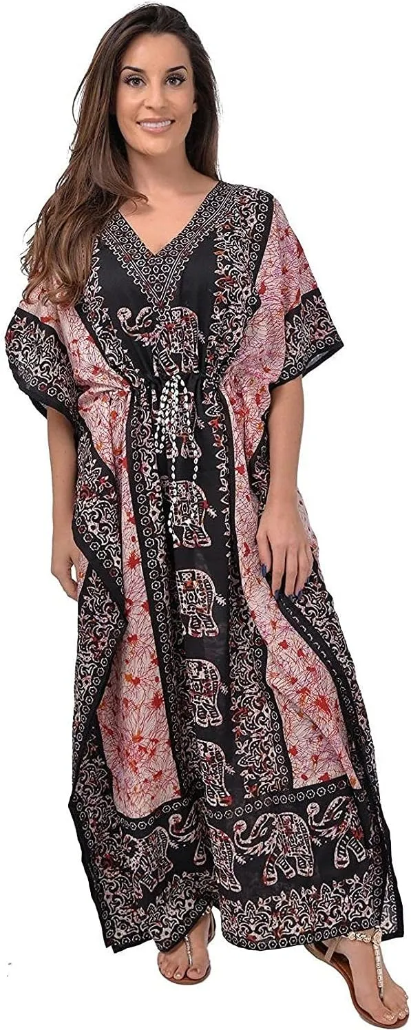Sharvgun Women's Elephant Print,Long Kaftan Dress Boho Gown, V-Neck Kimono Tunic,Nightdress Beach Kaftan One Size/Free Size Black