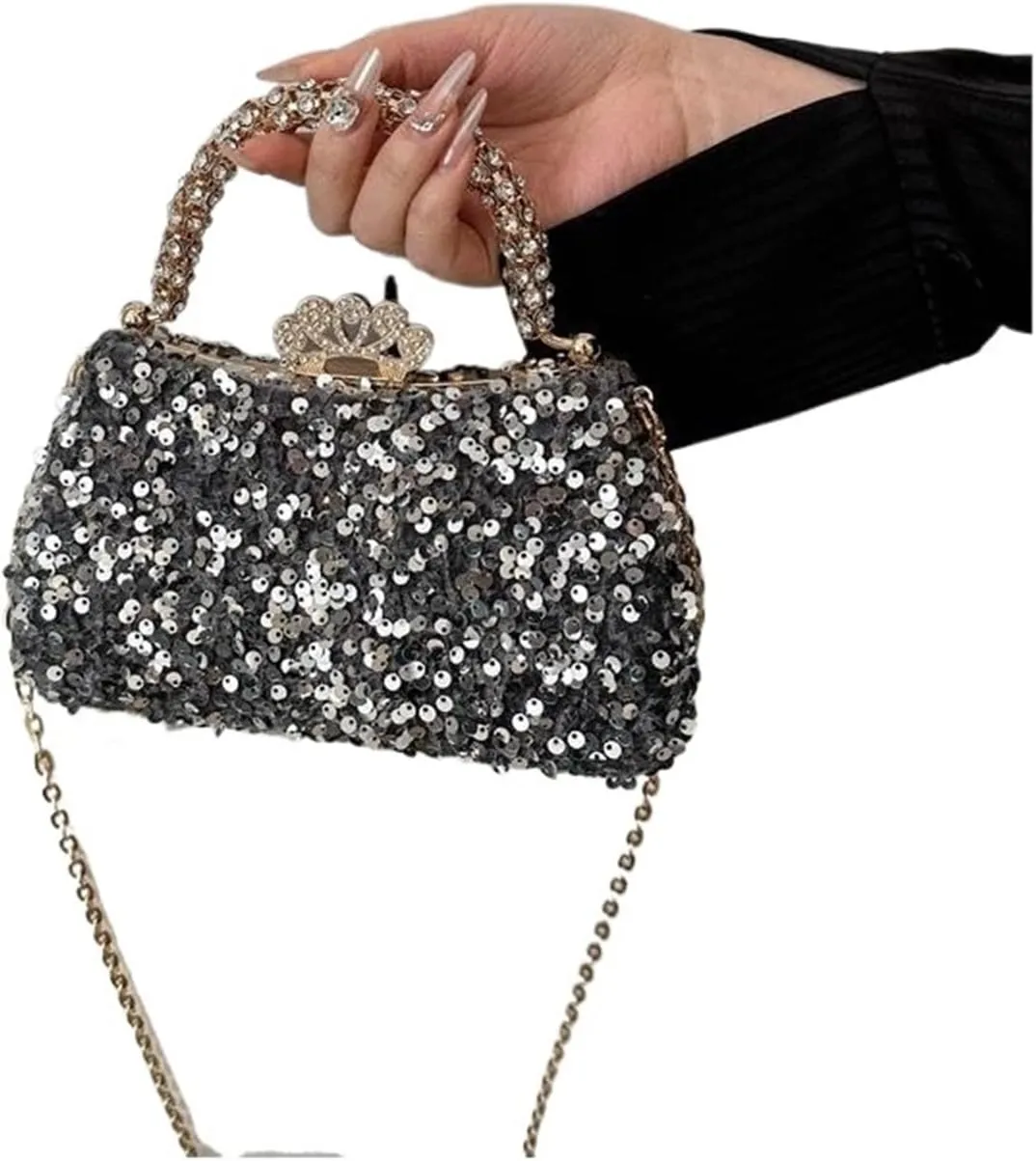 Shiny Sequins Women Bag Diamond Inlaid Handle Banquet Clutch Purse Wedding Party Prom Dress Evening Bag(Gray)