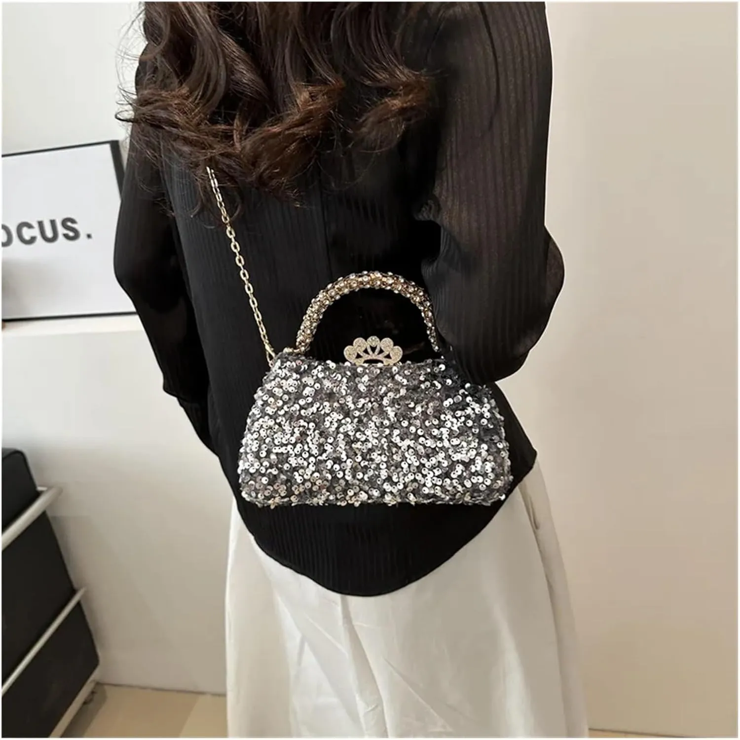 Shiny Sequins Women Bag Diamond Inlaid Handle Banquet Clutch Purse Wedding Party Prom Dress Evening Bag(Gray)