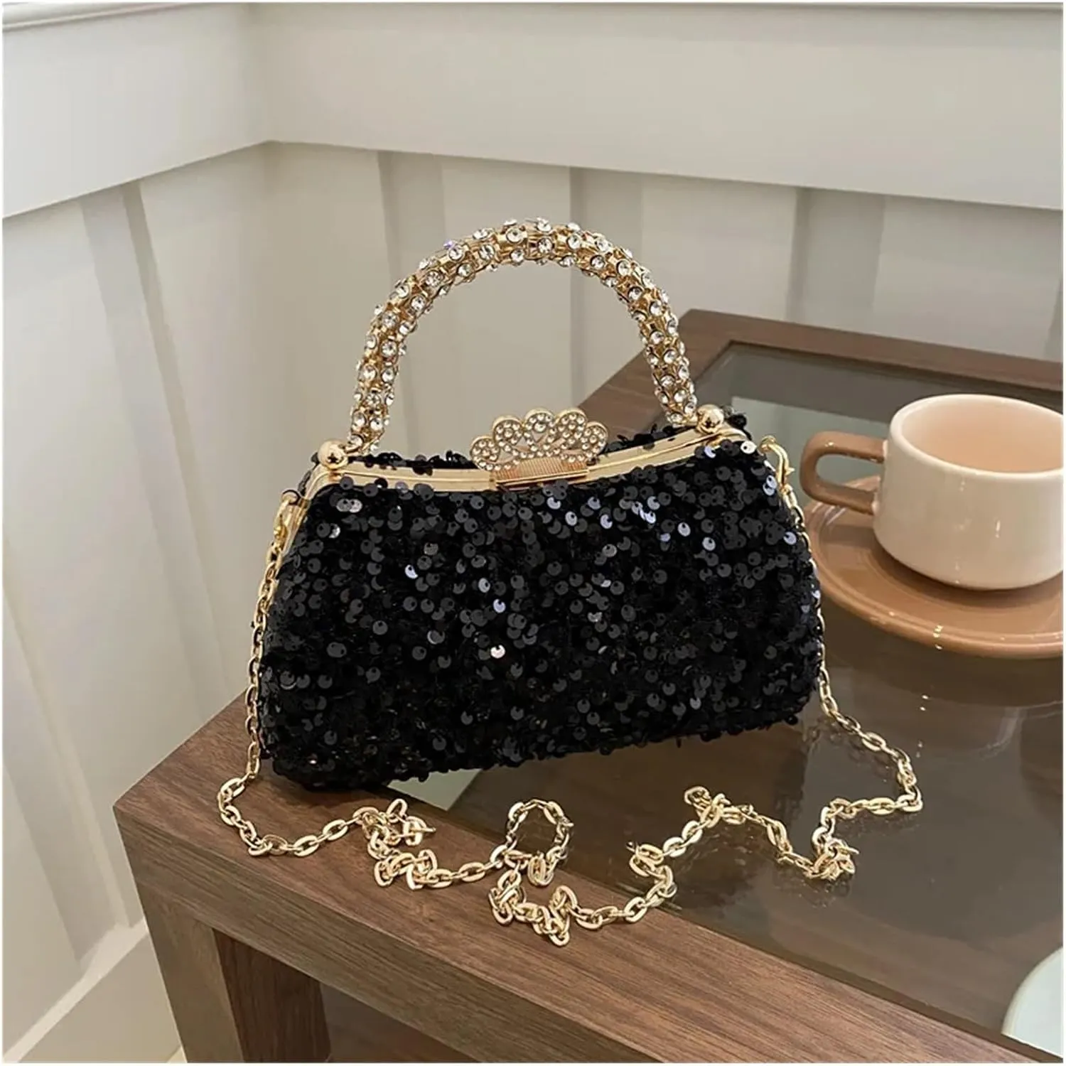Shiny Sequins Women Bag Diamond Inlaid Handle Banquet Clutch Purse Wedding Party Prom Dress Evening Bag(Gray)