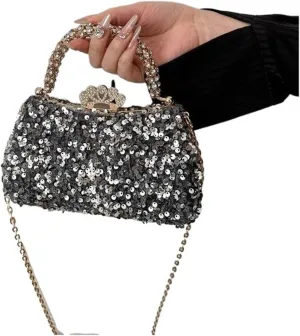 Shiny Sequins Women Bag Diamond Inlaid Handle Banquet Clutch Purse Wedding Party Prom Dress Evening Bag(Gray)