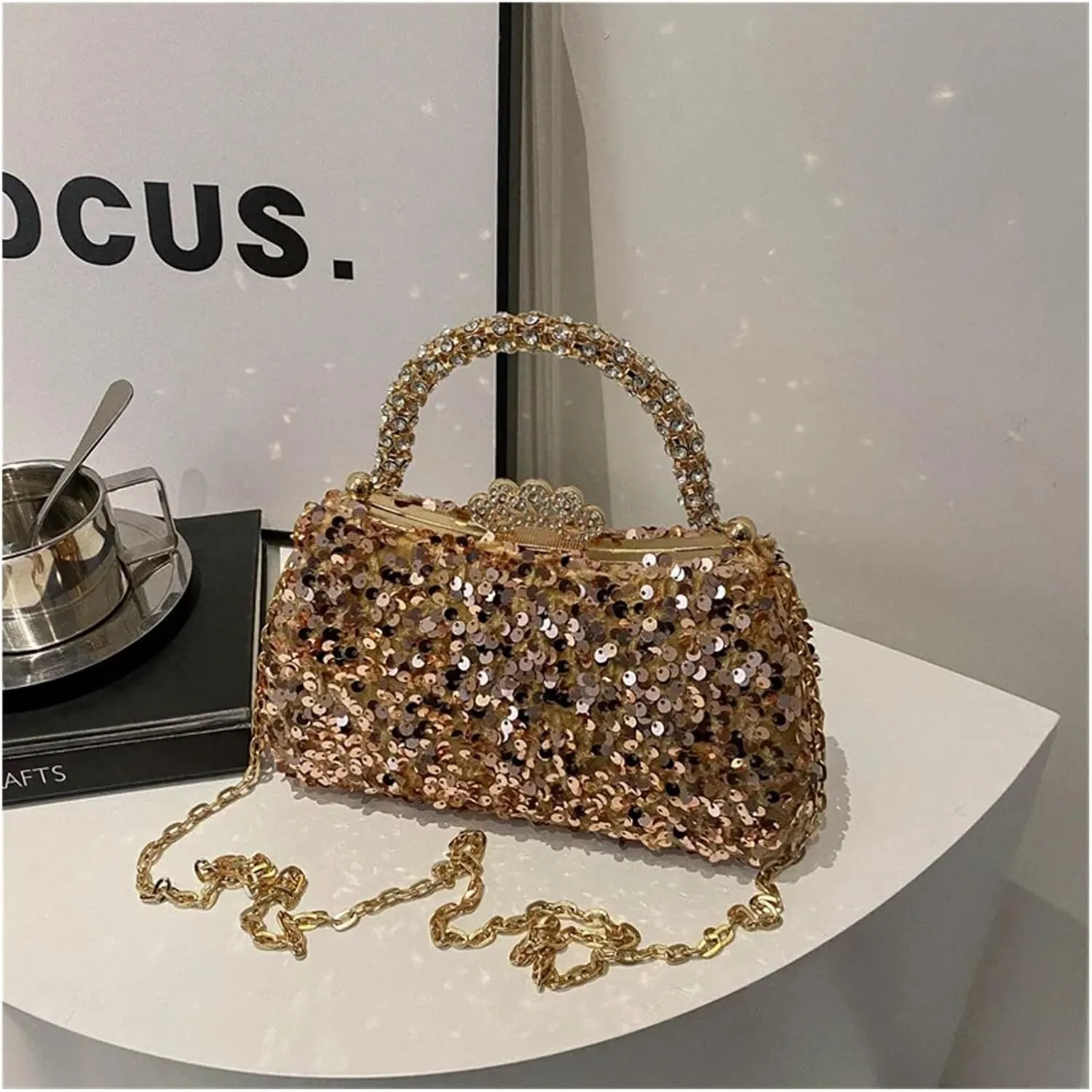 Shiny Sequins Women Bag Diamond Inlaid Handle Banquet Clutch Purse Wedding Party Prom Dress Evening Bag(Gray)