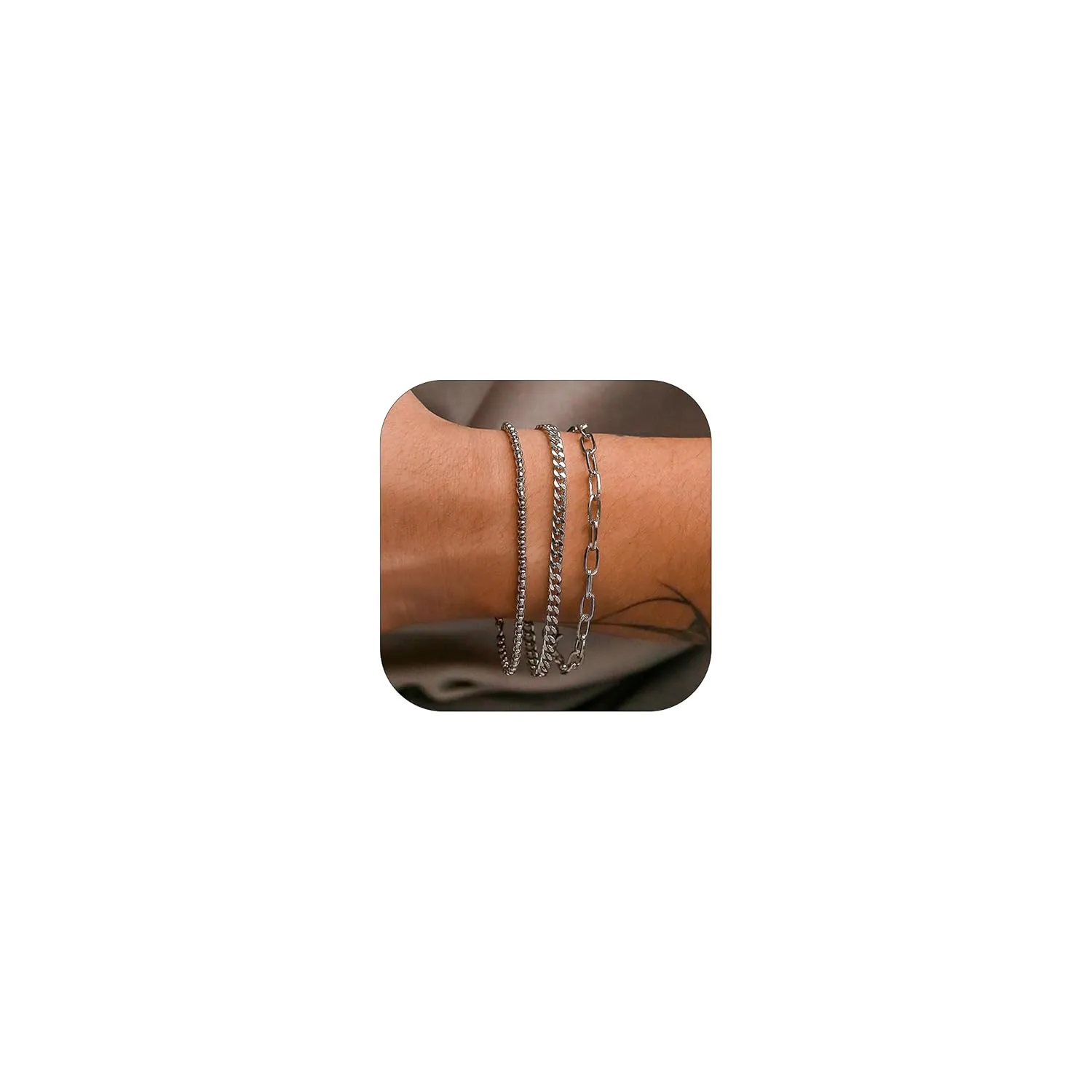 Silver Bracelets for Men Stainless Steel Silver Layered Bracelets Cuban Link Bracelet Silver Chain Bracelets Mens Jewelry Gifts for Dad Boyfriend Husband Son Brother