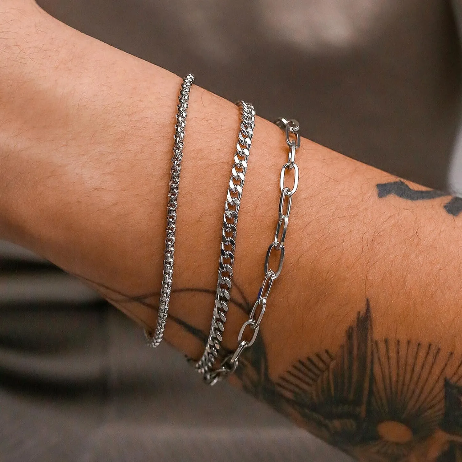 Silver Bracelets for Men Stainless Steel Silver Layered Bracelets Cuban Link Bracelet Silver Chain Bracelets Mens Jewelry Gifts for Dad Boyfriend Husband Son Brother