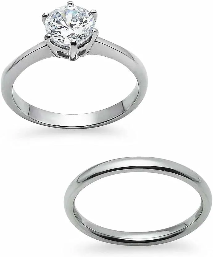 SILVERLINE JEWELRY Stainless Steel 2mm Wedding Band & Solitaire Cubic Zirconia Engagement Ring Set, Silver/Gold/Rose Tones