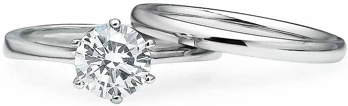 SILVERLINE JEWELRY Stainless Steel 2mm Wedding Band & Solitaire Cubic Zirconia Engagement Ring Set, Silver/Gold/Rose Tones