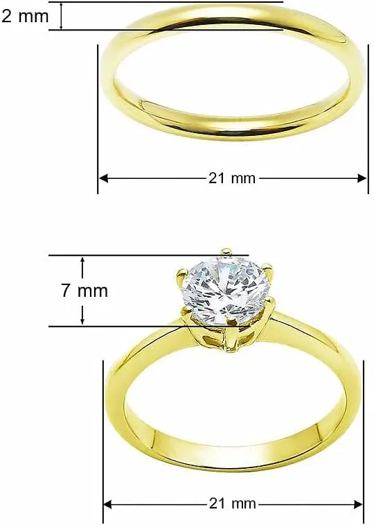 SILVERLINE JEWELRY Stainless Steel 2mm Wedding Band & Solitaire Cubic Zirconia Engagement Ring Set, Silver/Gold/Rose Tones