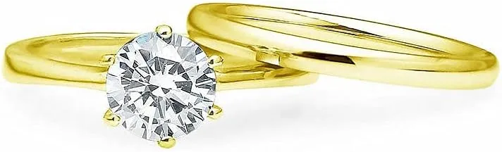SILVERLINE JEWELRY Stainless Steel 2mm Wedding Band & Solitaire Cubic Zirconia Engagement Ring Set, Silver/Gold/Rose Tones
