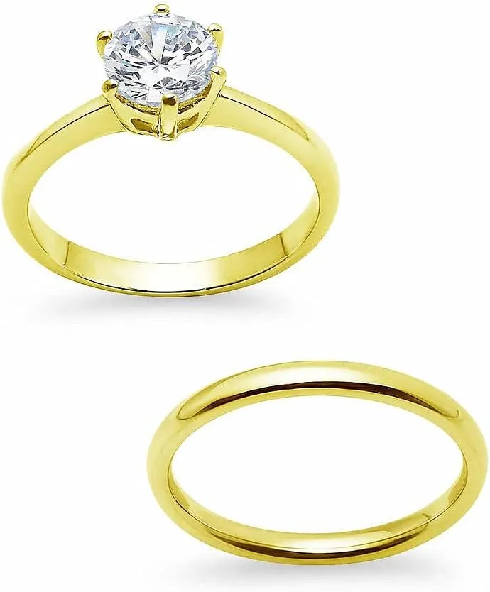 SILVERLINE JEWELRY Stainless Steel 2mm Wedding Band & Solitaire Cubic Zirconia Engagement Ring Set, Silver/Gold/Rose Tones