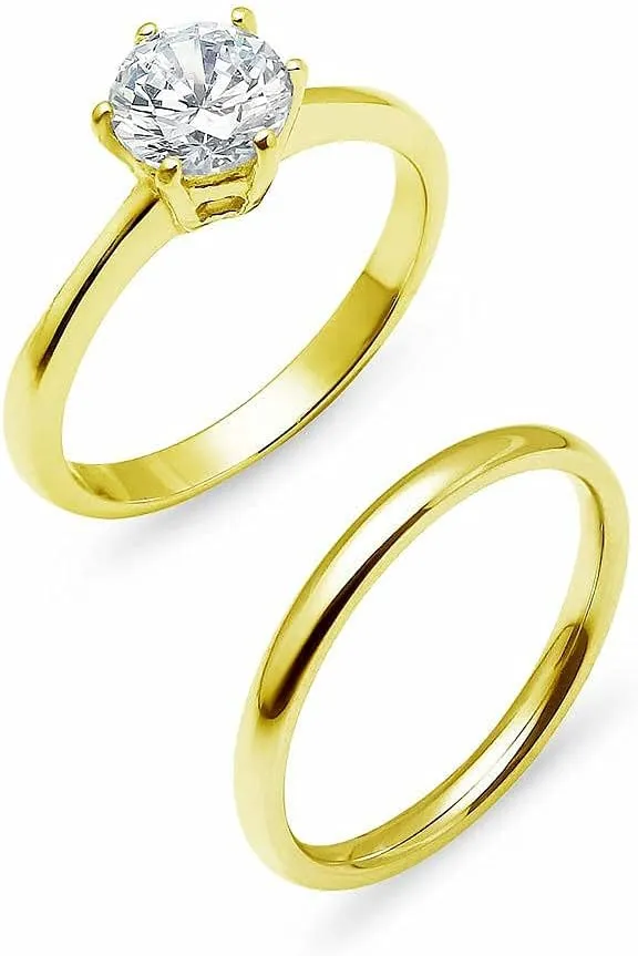 SILVERLINE JEWELRY Stainless Steel 2mm Wedding Band & Solitaire Cubic Zirconia Engagement Ring Set, Silver/Gold/Rose Tones