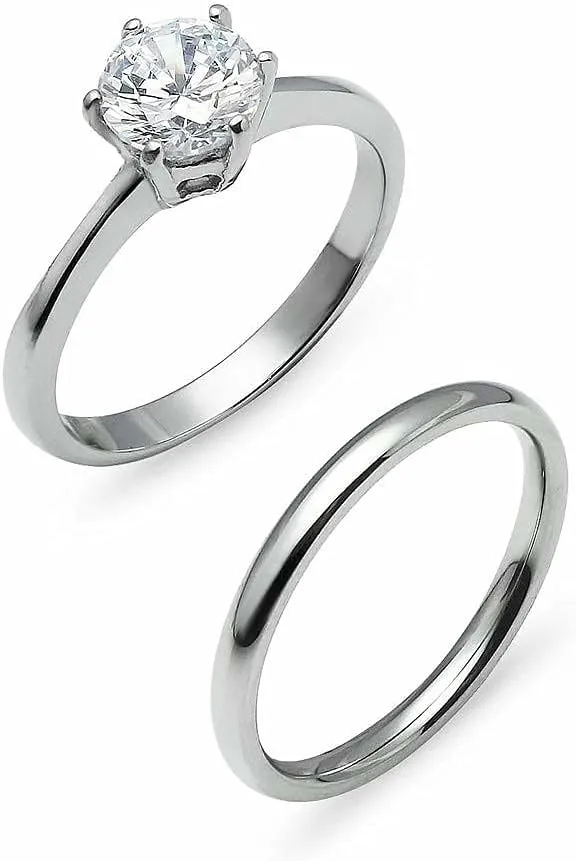 SILVERLINE JEWELRY Stainless Steel 2mm Wedding Band & Solitaire Cubic Zirconia Engagement Ring Set, Silver/Gold/Rose Tones