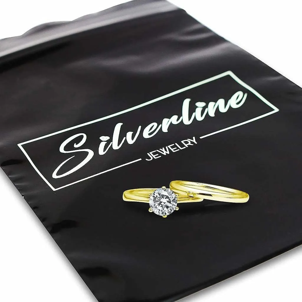 SILVERLINE JEWELRY Stainless Steel 2mm Wedding Band & Solitaire Cubic Zirconia Engagement Ring Set, Silver/Gold/Rose Tones