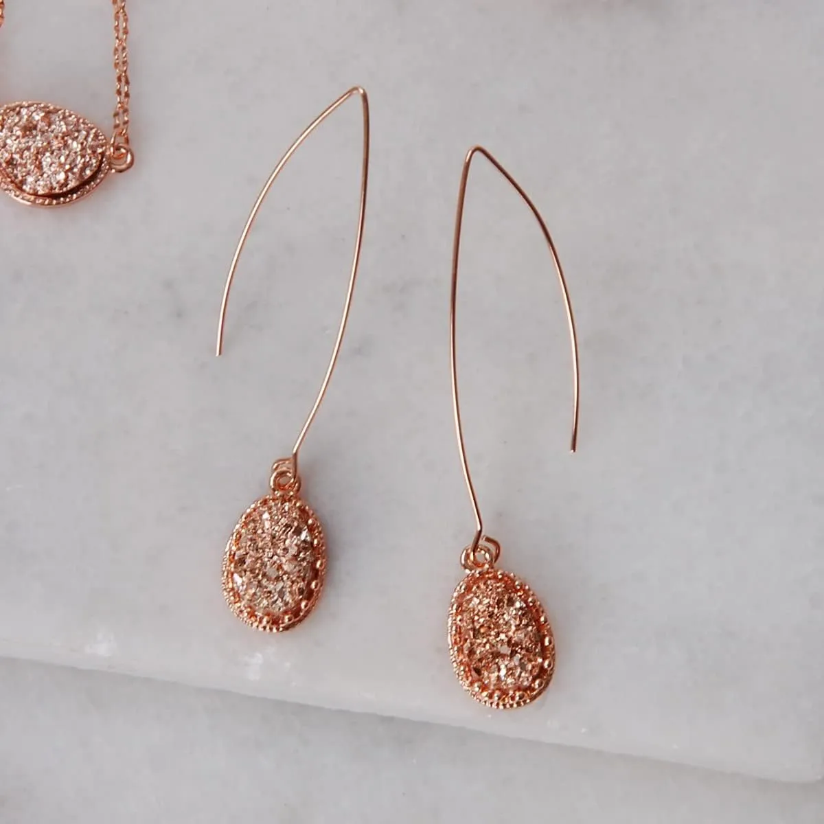 Simulated Druzy Dangly Threader Earrings - Gold, Silver, or Rose Gold Tone Long Simple Boho Hoop Drop Dangles with Sparkly Oval Stone