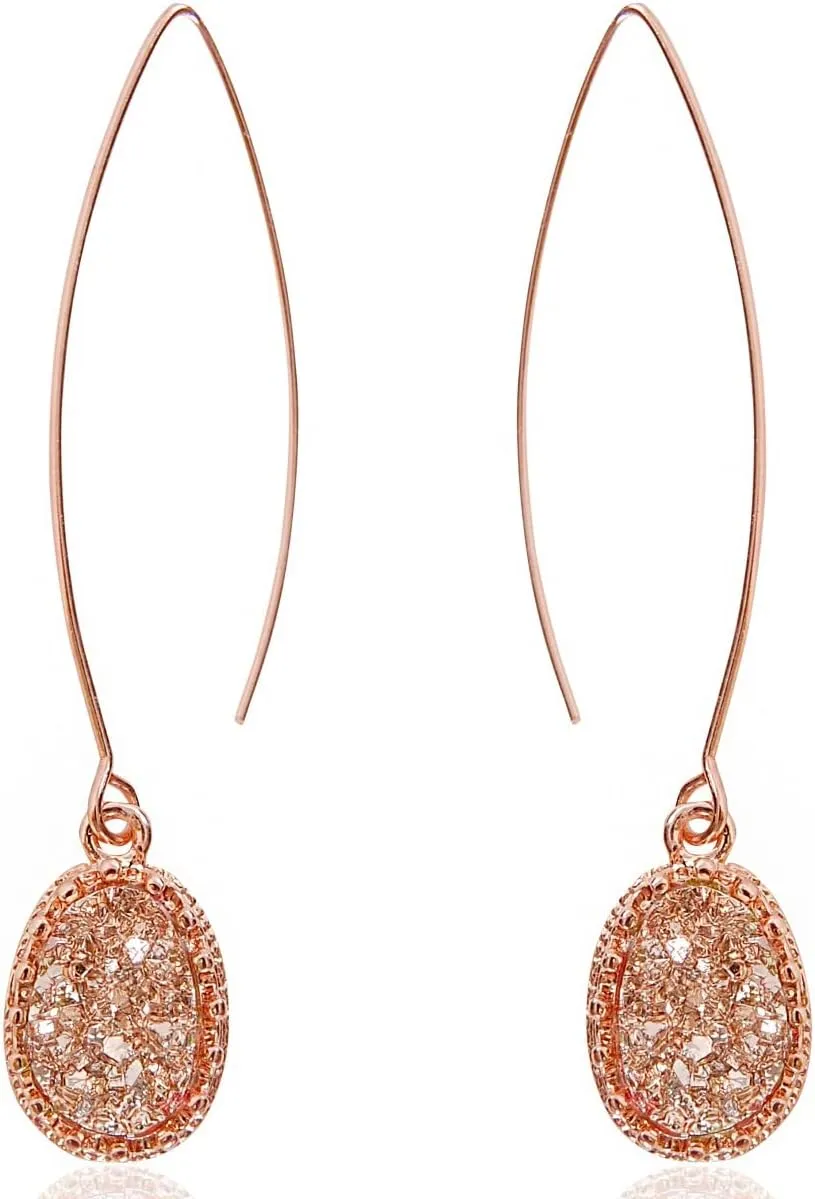 Simulated Druzy Dangly Threader Earrings - Gold, Silver, or Rose Gold Tone Long Simple Boho Hoop Drop Dangles with Sparkly Oval Stone