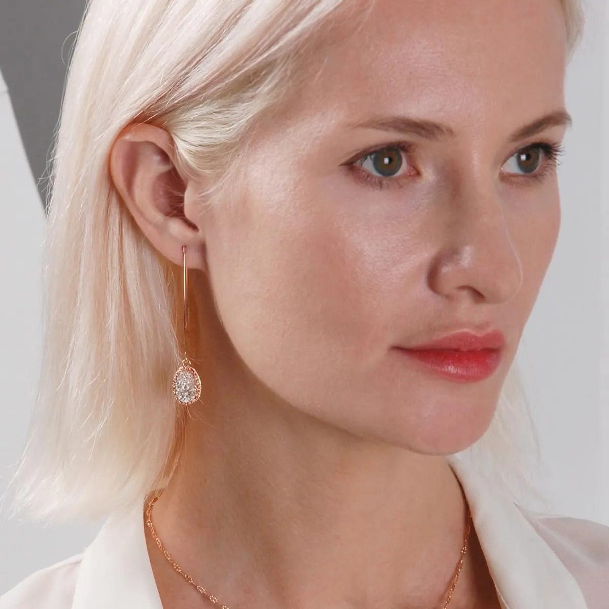 Simulated Druzy Dangly Threader Earrings - Gold, Silver, or Rose Gold Tone Long Simple Boho Hoop Drop Dangles with Sparkly Oval Stone