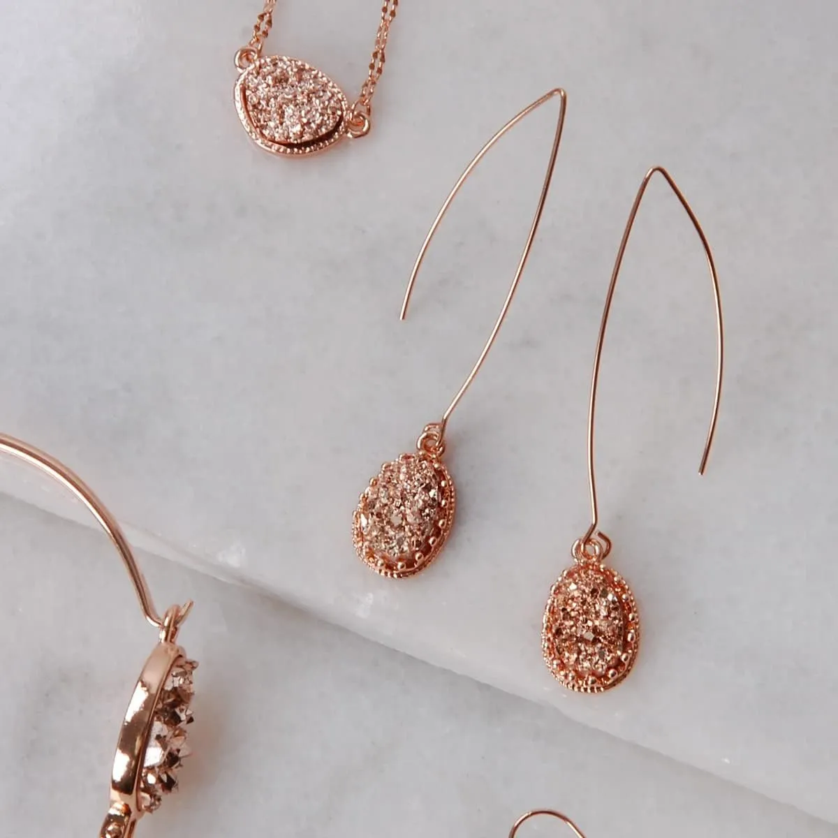 Simulated Druzy Dangly Threader Earrings - Gold, Silver, or Rose Gold Tone Long Simple Boho Hoop Drop Dangles with Sparkly Oval Stone