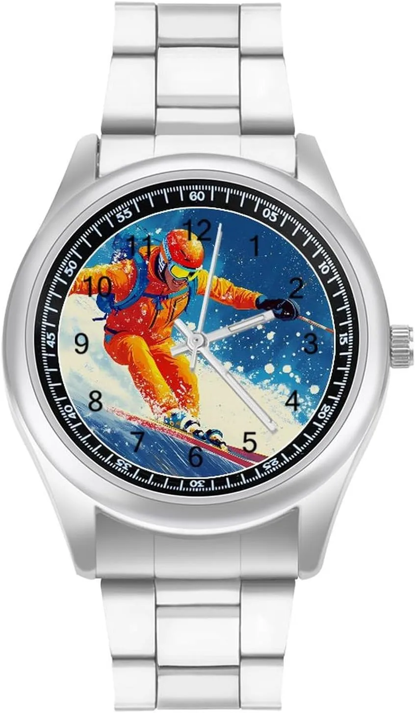 Skier Ski Skiing On Snowy Mountain Stainless Steel Strap Simple Business Watches for Men Easy Reader Work Casual Watch