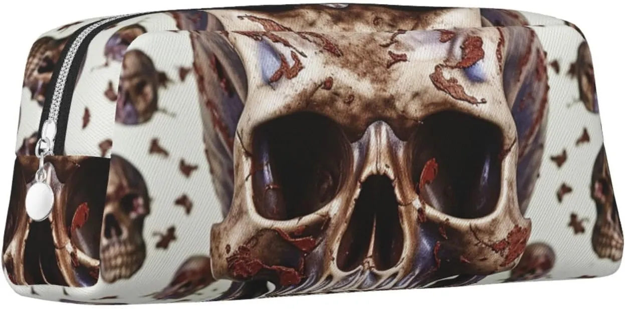 Skull on white background Makeup Bag for Women Men Pencil Pouch Travel Small Cosmetic Bag Zippered Toiletry Bags Aesthetic Pen Bags Trendy Storage Bags Leather Coin Pouch Purse