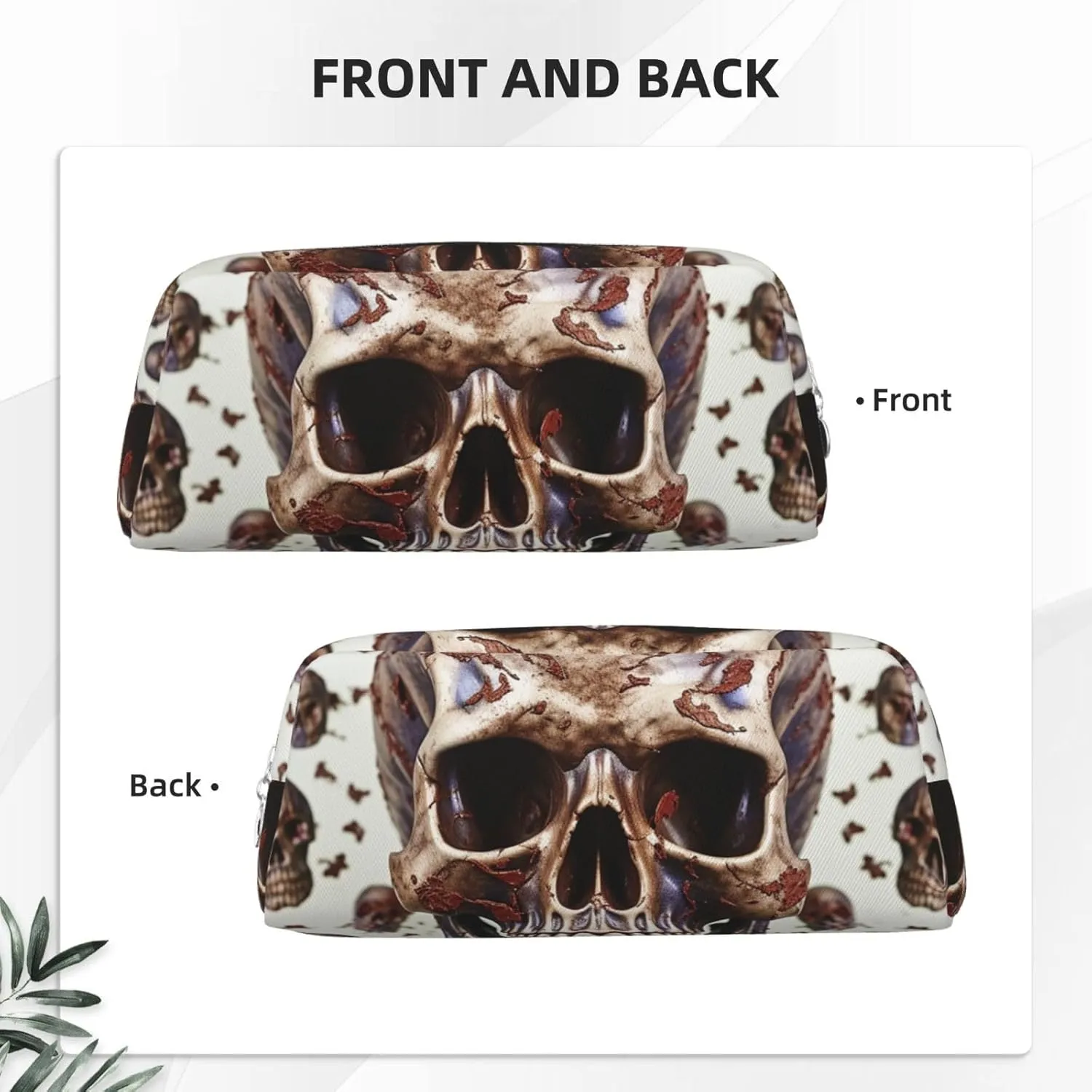 Skull on white background Makeup Bag for Women Men Pencil Pouch Travel Small Cosmetic Bag Zippered Toiletry Bags Aesthetic Pen Bags Trendy Storage Bags Leather Coin Pouch Purse