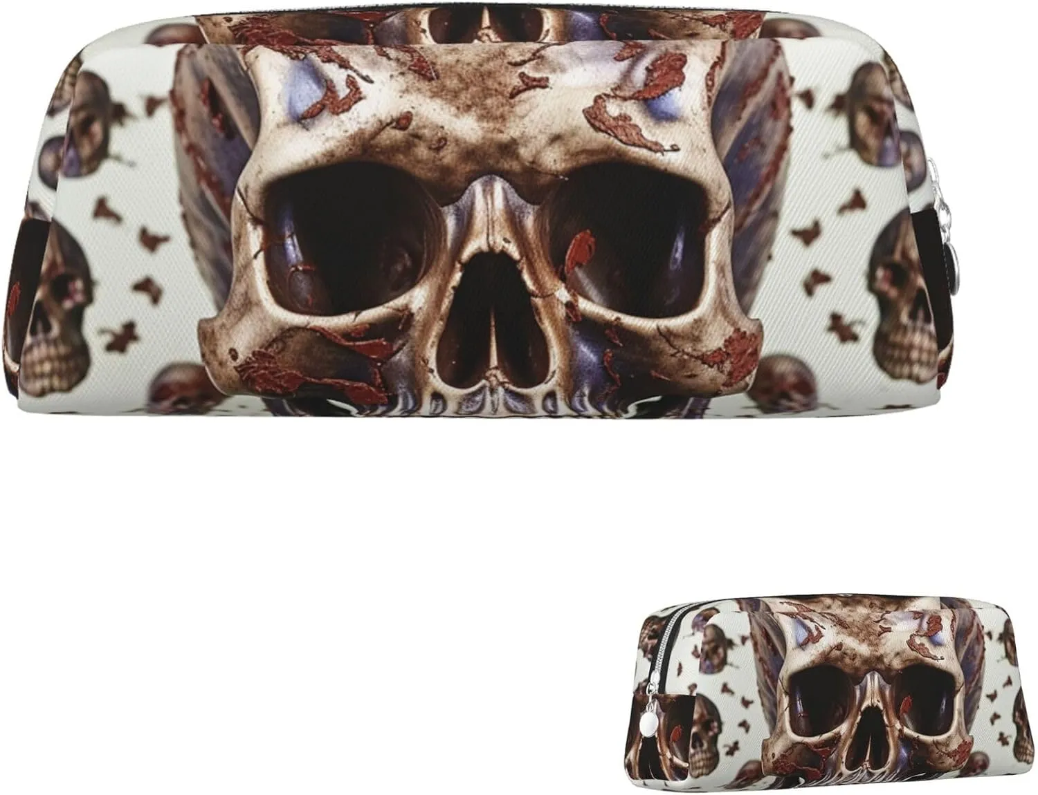 Skull on white background Makeup Bag for Women Men Pencil Pouch Travel Small Cosmetic Bag Zippered Toiletry Bags Aesthetic Pen Bags Trendy Storage Bags Leather Coin Pouch Purse
