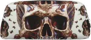 Skull on white background Makeup Bag for Women Men Pencil Pouch Travel Small Cosmetic Bag Zippered Toiletry Bags Aesthetic Pen Bags Trendy Storage Bags Leather Coin Pouch Purse