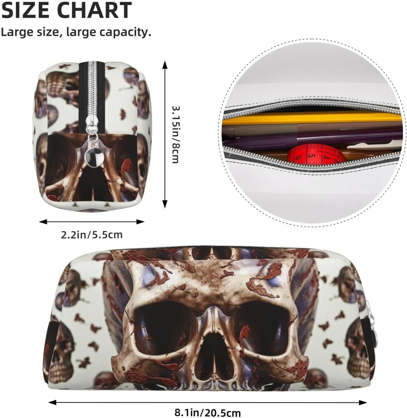 Skull on white background Makeup Bag for Women Men Pencil Pouch Travel Small Cosmetic Bag Zippered Toiletry Bags Aesthetic Pen Bags Trendy Storage Bags Leather Coin Pouch Purse