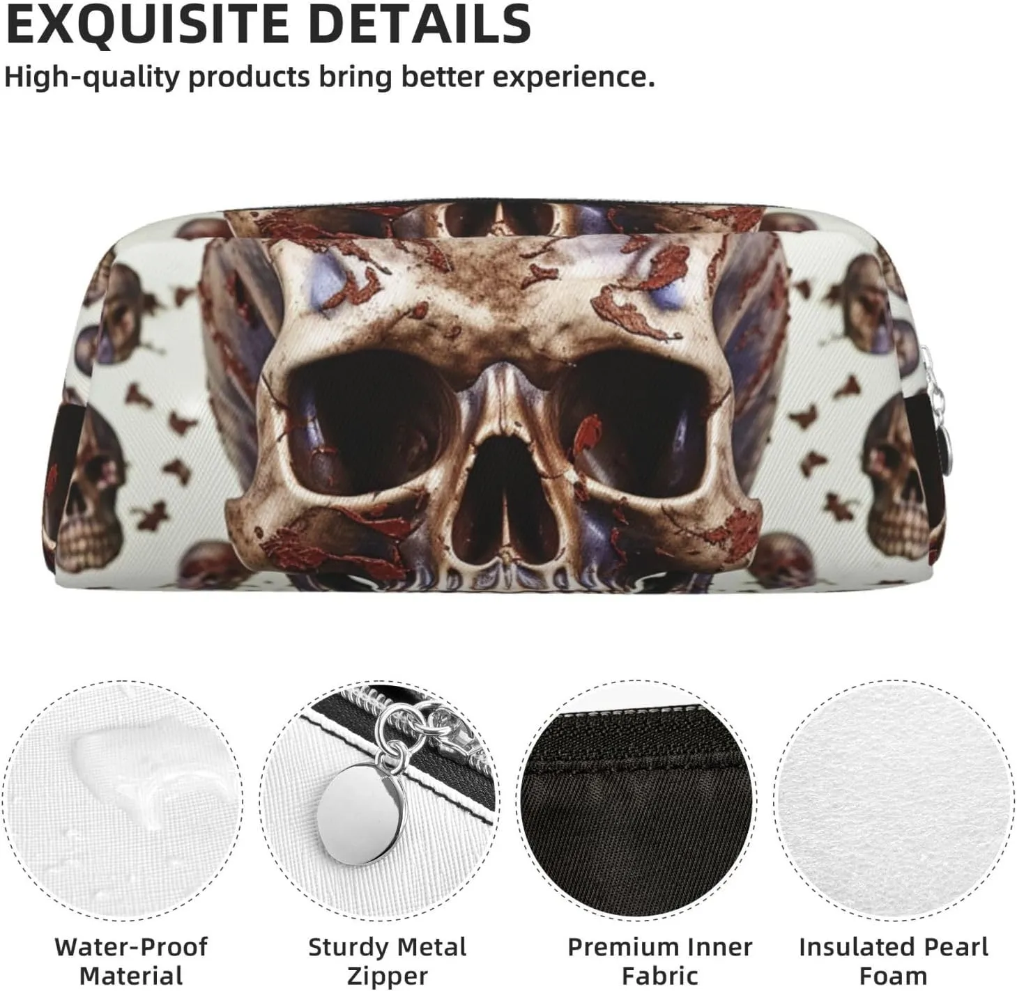 Skull on white background Makeup Bag for Women Men Pencil Pouch Travel Small Cosmetic Bag Zippered Toiletry Bags Aesthetic Pen Bags Trendy Storage Bags Leather Coin Pouch Purse