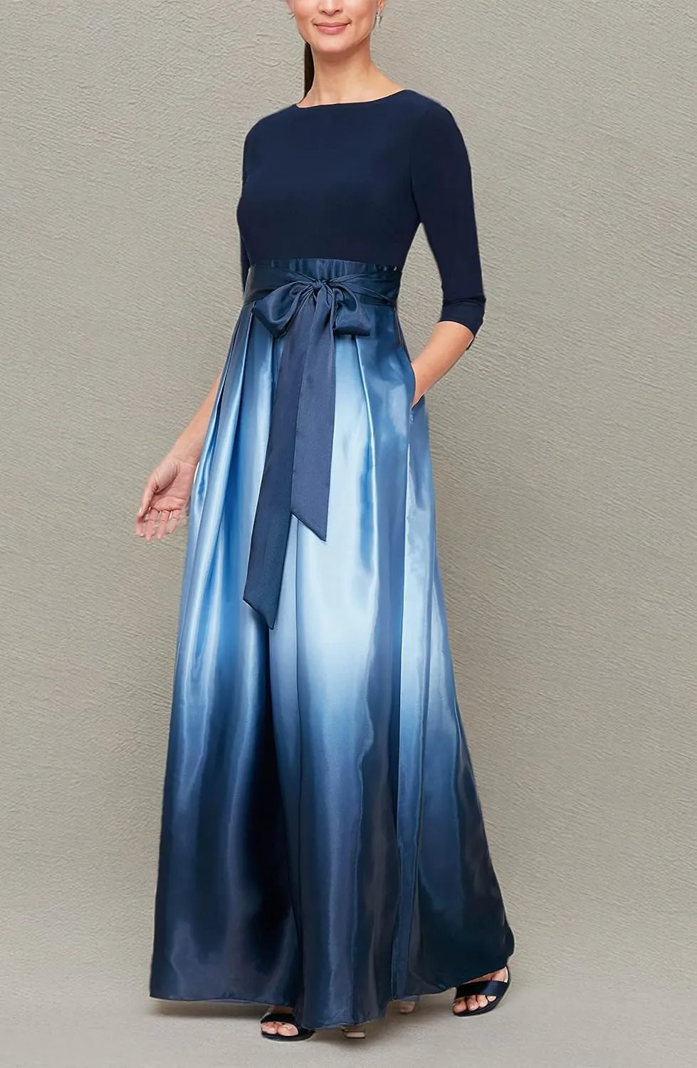 S.L. Fashions Women's Long Satin Mother of The Bride Dress with Pockets, Formal Party Gown (Petite and Regular Sizes)