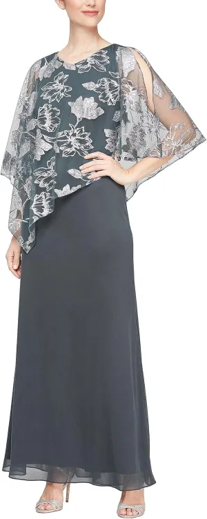 S.L. Fashions Women's Long Shimmer Foil Printed Chiffon Overlay Wedding Guest Capelet Gown, Formal Dress W/Attached Cape