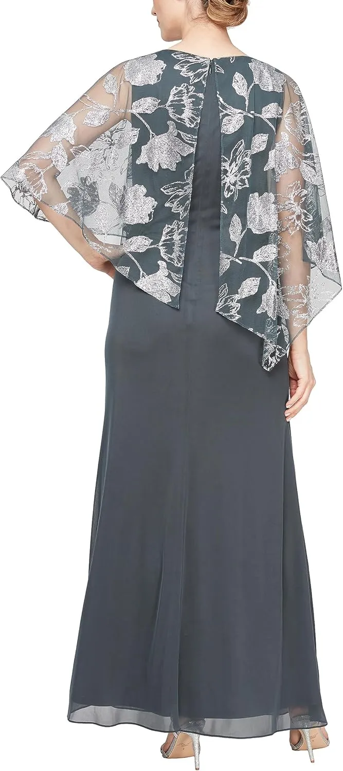 S.L. Fashions Women's Long Shimmer Foil Printed Chiffon Overlay Wedding Guest Capelet Gown, Formal Dress W/Attached Cape