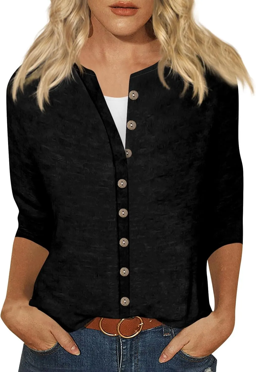 slqdgmryz Button Down Shirts for Women 3/4 Sleeve Lightweight Summer Cardigan Casual V Neck Three Quarter Length Cute Tops
