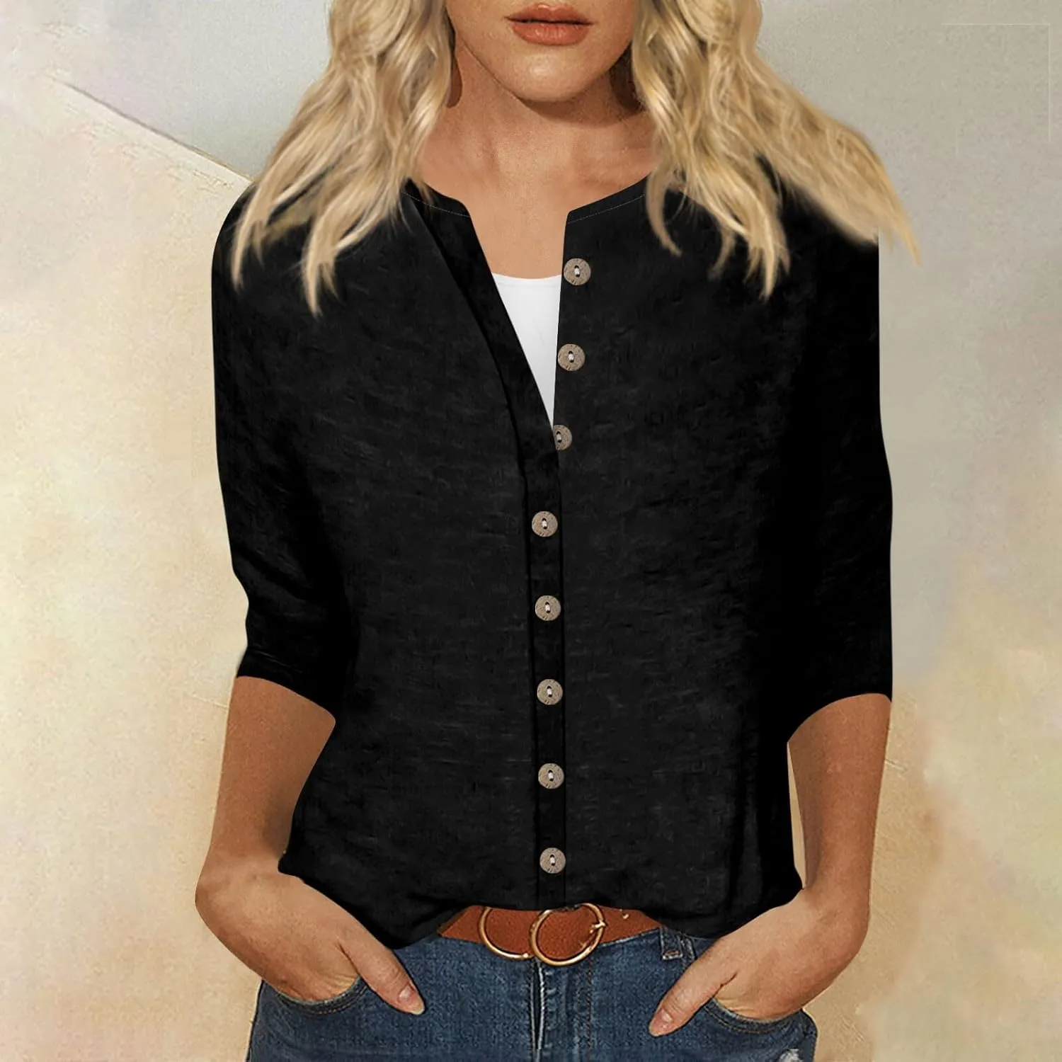 slqdgmryz Button Down Shirts for Women 3/4 Sleeve Lightweight Summer Cardigan Casual V Neck Three Quarter Length Cute Tops
