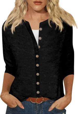 slqdgmryz Button Down Shirts for Women 3/4 Sleeve Lightweight Summer Cardigan Casual V Neck Three Quarter Length Cute Tops