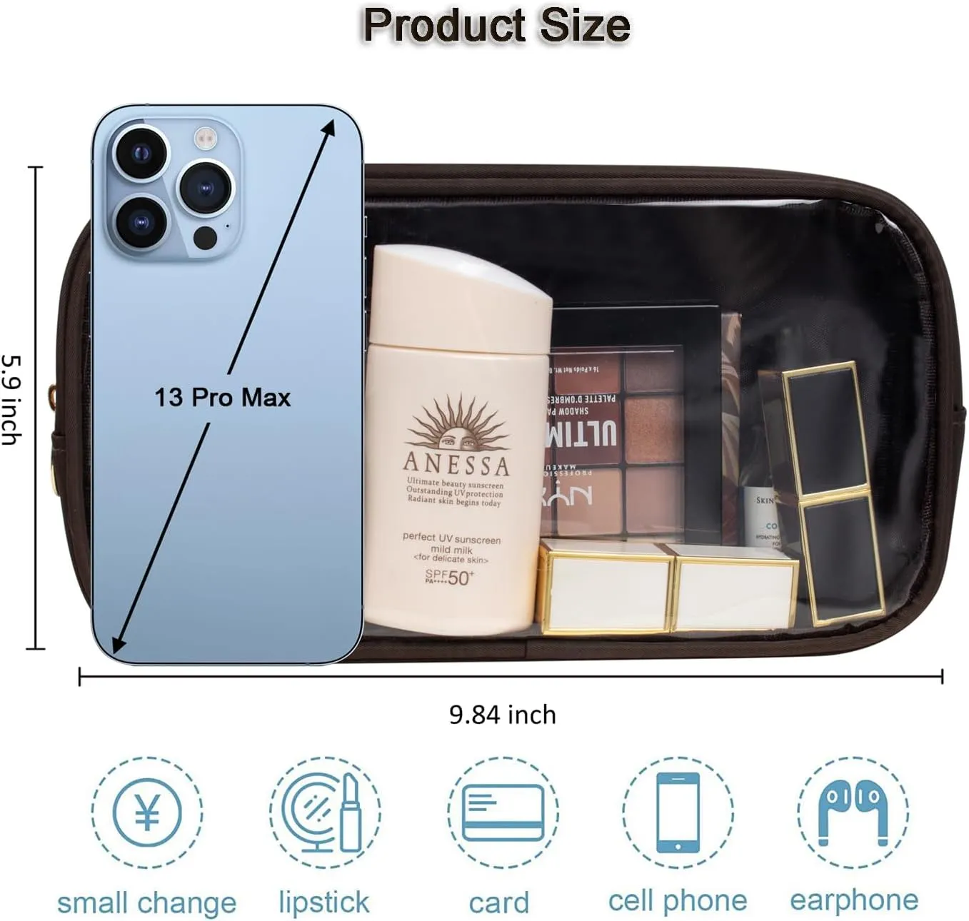 Small Clear Makeup Bag, Nylon Mini Cosmetic Bag Small Makeup Bag for Purse TSA Approved Travel Toiletry Bags with Zipper Cute Makeup Bag Car Organizer Bag for Women Girls (Coffee Large)