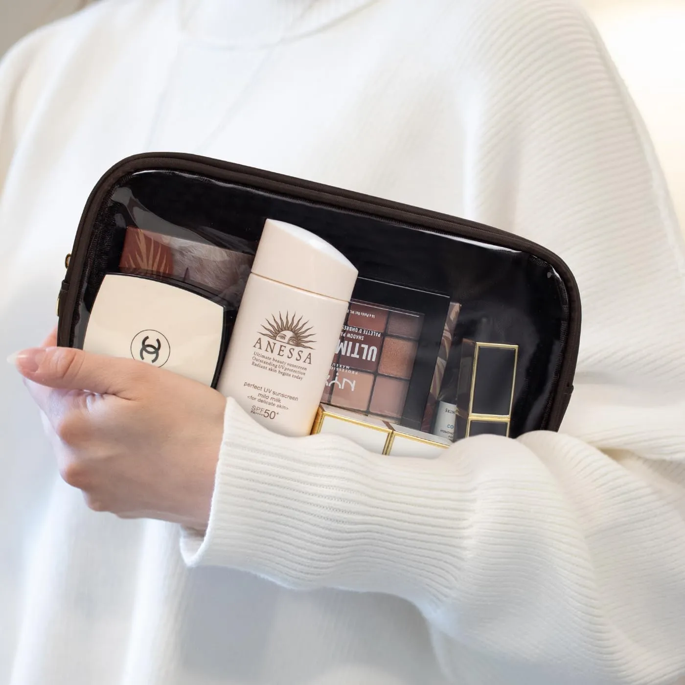 Small Clear Makeup Bag, Nylon Mini Cosmetic Bag Small Makeup Bag for Purse TSA Approved Travel Toiletry Bags with Zipper Cute Makeup Bag Car Organizer Bag for Women Girls (Coffee Large)