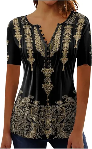SMIDOW Womens Tunic Tops Trendy Vintage Boho Shirts Short Sleeve Notch v Neck t-Shirt 2023 Casual Summer Blouse Empire Waist