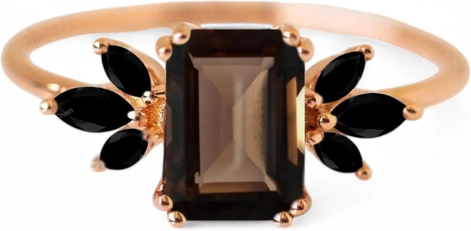 Smoky quartz & Black Onyx Ring Handmade Classic Solitaire Ring Altenative 14K Rose Gold Bridal Promise Personalized Women's Jewelry stacking Jewelry BY ZENITHCRATSS