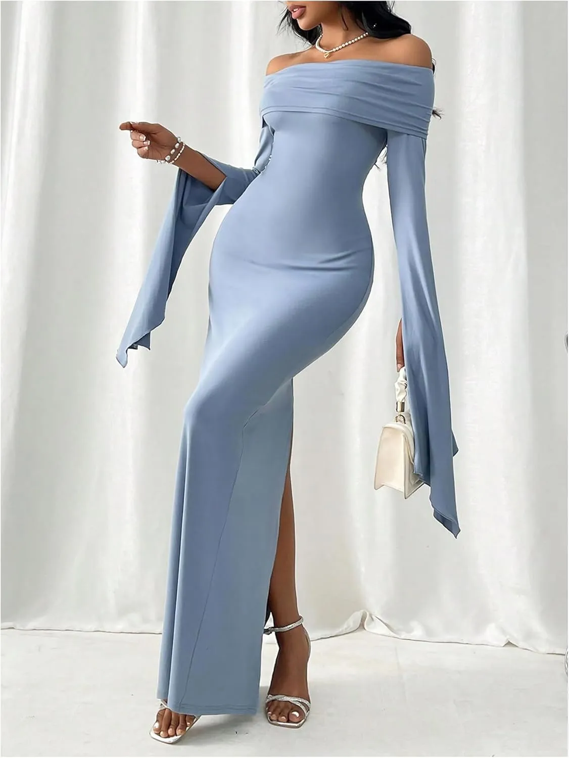 SOLY HUX Women's Maxi Dress Off Shoulder Long Sleeve Split Back Bodycon Long Dresses
